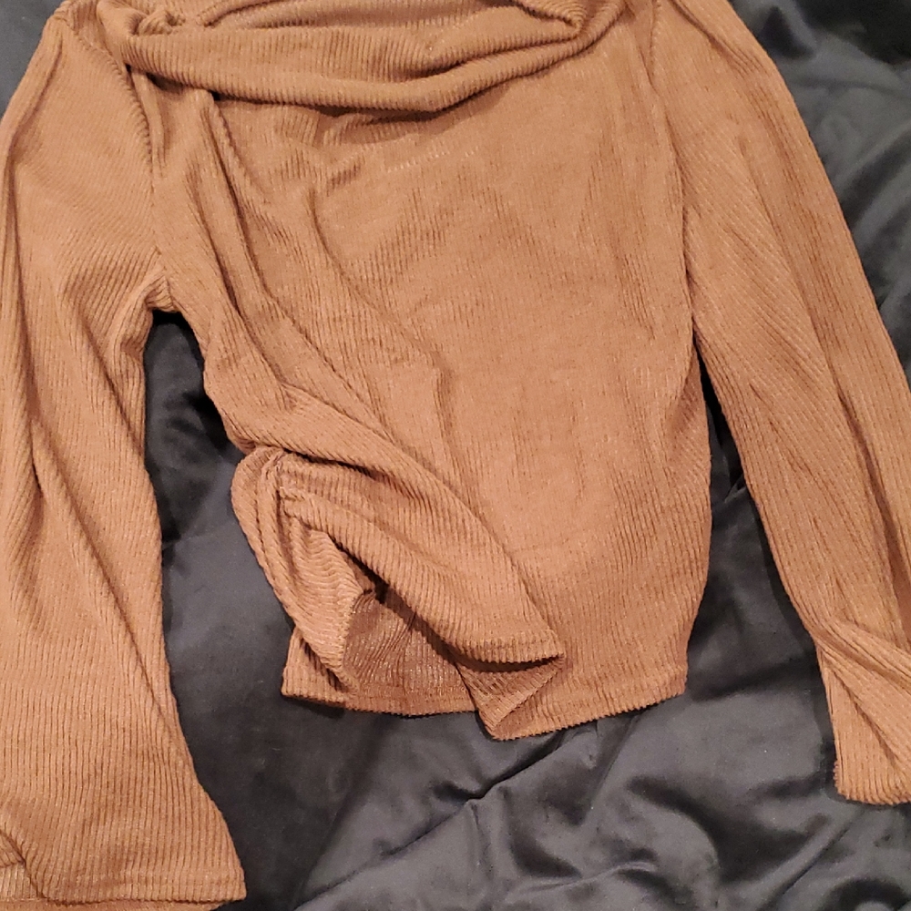 SHEIN Ribbed Cowl Neck Sweater in Tan Brown
